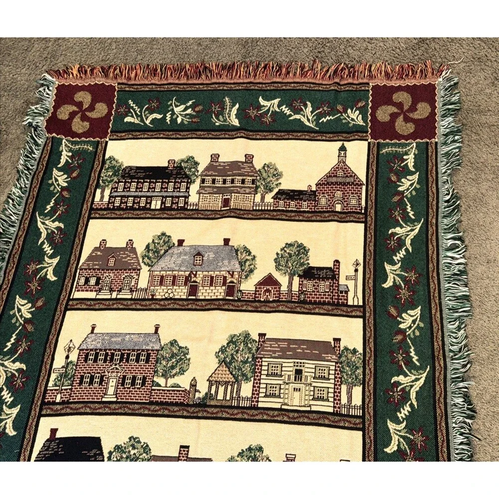 Vintage Bob Timberlake Throw Tapestry Blanket Houses Flowers Village Made in USA